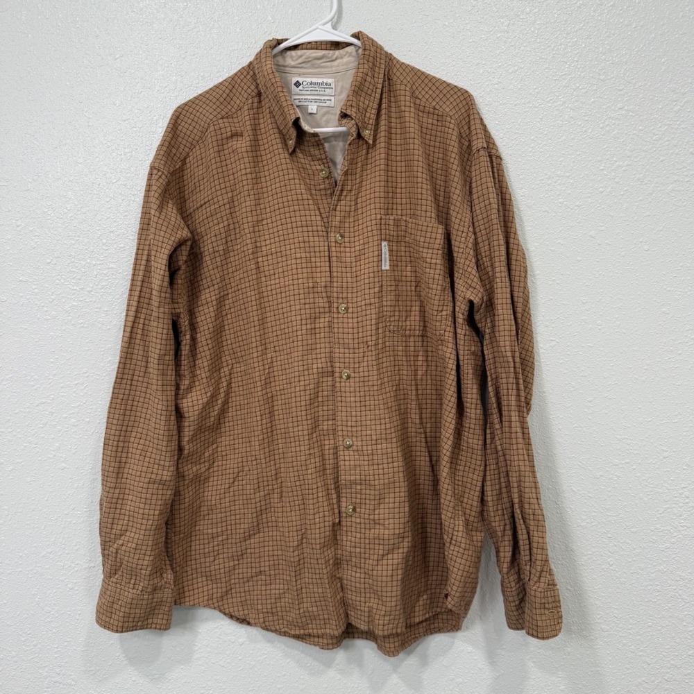 Columbia Sportswear Mens Large Brown Grid Long Sleeve Cotton Button Down Shirt